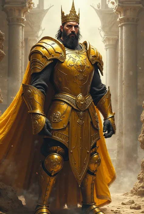 glorious king in magnificent golden armor in an epic heroic pose ((extremely revealing and action-packed depiction)), (artwork in the style of Luis Rojo), (a medieval scenario), (fantasy masterpiece), (detailed faces and full-body shots), (atmospheric work...