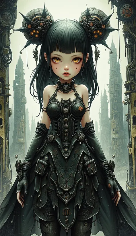 high definition、top quality、High Details、Tim Burton style、 girl、futuristic gothic costume、2.5D Illustration、