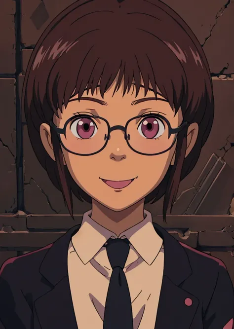 anime girl with glasses and a tie standing in front of a wall, akane owari danganronpa, anya from spy x family, anime visual of a young woman, anime portrait of shiina ringo, female anime character, cute slightly nerdy smile, female protagonist 👀 :8, makot...