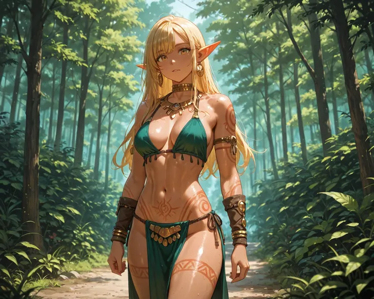 (((solo))), monster girl, goblin girl, pointy ears, earring, yellow eyes, medium hair, messy hair, large breasts, Tribal clothing, slit, abs, tribal tattoo, outdoors, forest, athlete  body, flawless smooth skin, gleaming skin, glossy skin, masterpiece, top...