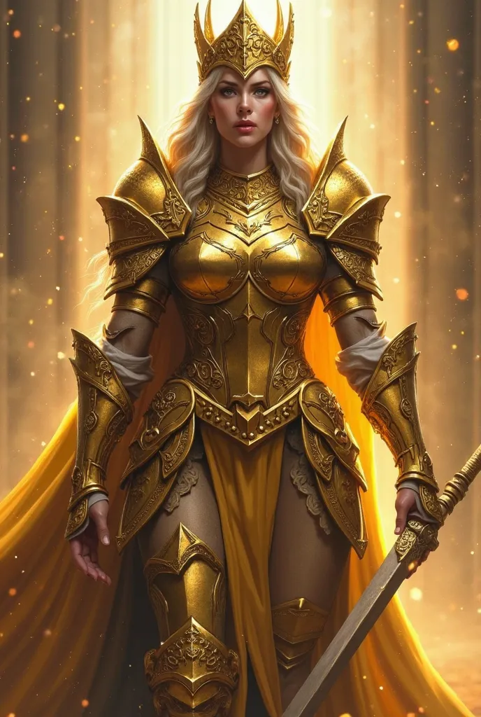 glorious queen in magnificent golden armor in an epic heroic pose ((extremely revealing and action-packed depiction)), (artwork in the style of Luis Rojo), (a medieval scenario), (fantasy masterpiece), (detailed faces and full-body shots), (atmospheric wor...