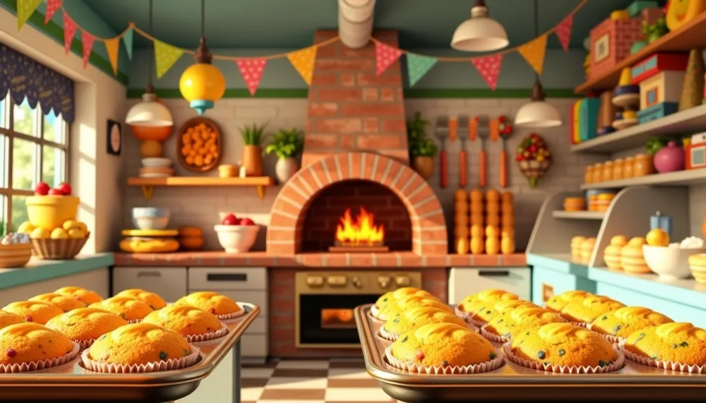 The bakery is cozy with colorful decorations, a brick oven in the background, and trays filled with fresh golden muffins. The atmosphere is warm, friendly, and joyful, with bright lighting and a soft pastel color palette