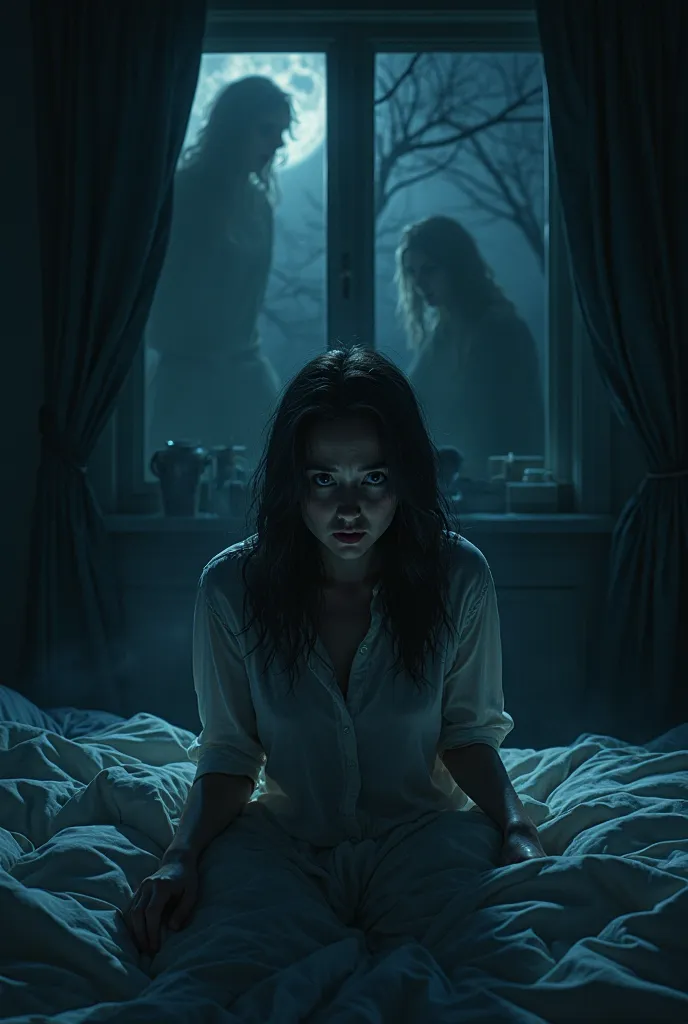 "A dark, quiet room at night with a terrified woman sitting up in bed, listening to an eerie whisper coming from the shadows. The room feels ominous and tense, with an unsettling presence lingering."
