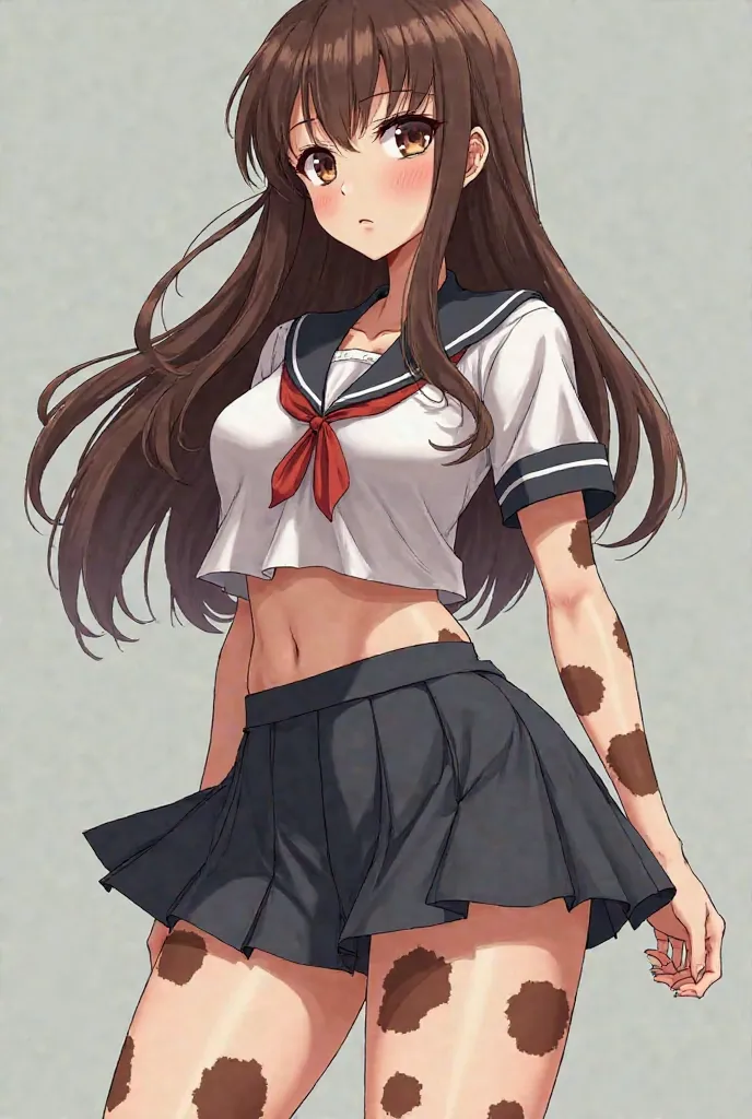 A  girl, whit vitiligo (white skin whit btown big stains atound all the body), brown long hair, brown eyes. L cup, round wide hips and a school unifotm. Anime style 