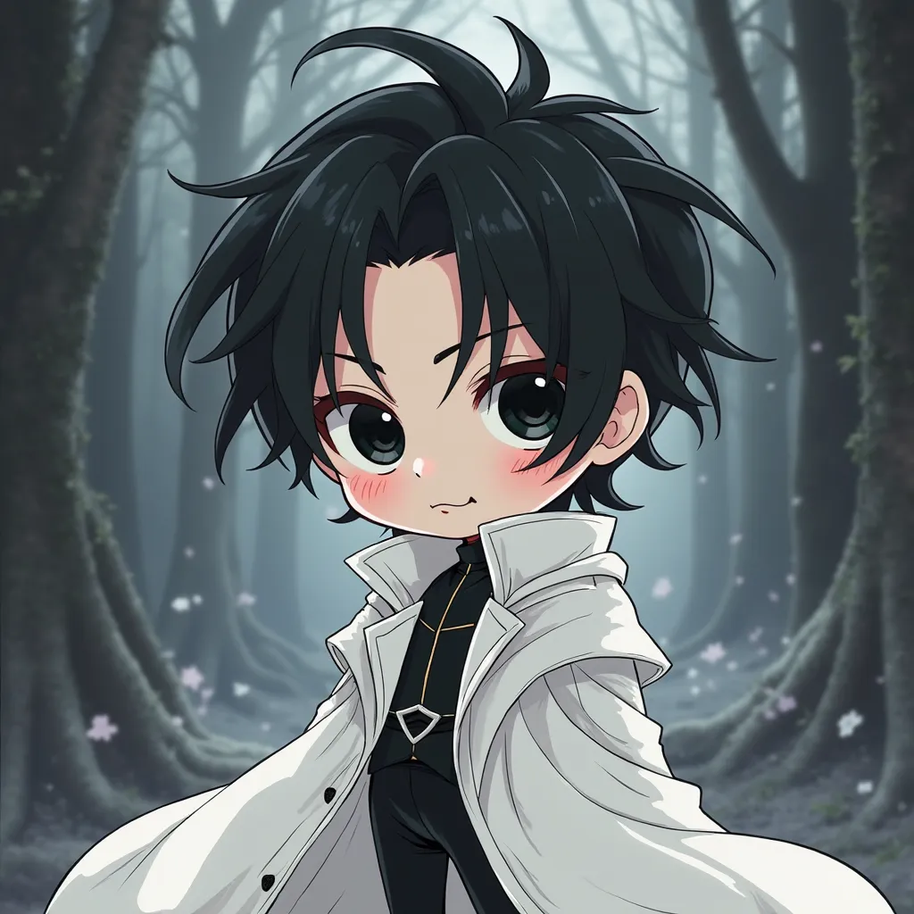 "A chibi-style male character with thick, bold outlines, giving off a complex villain vibe similar to Johan Liebert. He has messy black hair and deep, piercing black eyes that exude an unsettling calmness. His expression is a charismatic yet eerie smile, s...