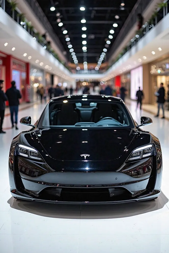 A photo of a modified,2025 Tesla Roadster.in black shorom with a sleek, full design. Front view, The car is black and has a black roof. The Model logo is displayed on the black grille. The car is parked on a white surface. The background is a shopping mall...