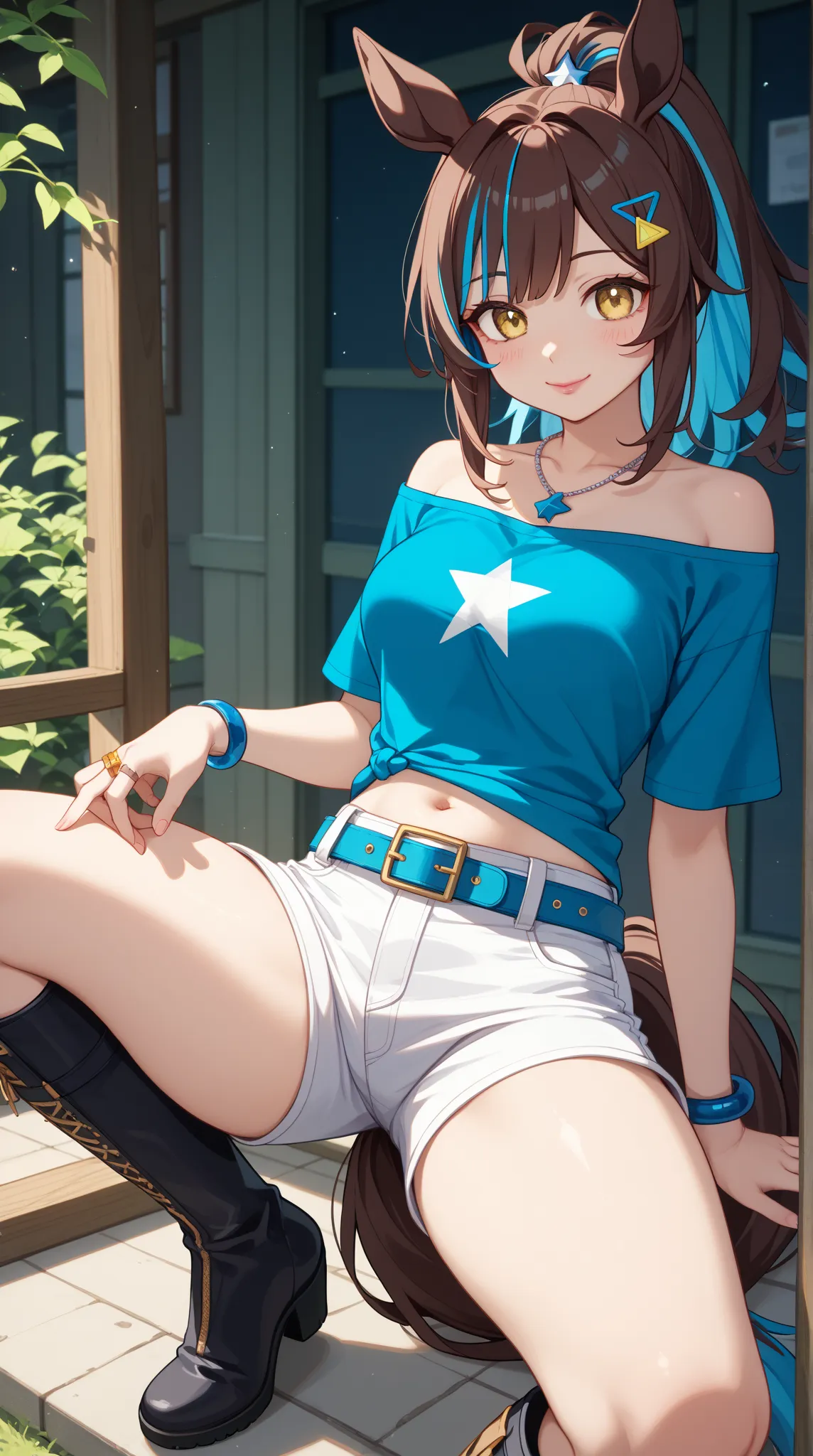 1 girl、Red dark brown hair、((blue streaked hair)), (blue highlights hair)、 star-shaped hairpin with bangs split to the right、 gal、 horse ears、((blue off-the-shoulder shirt))、(( White Hot Pants))、((white shorts))、square necklace、Fluorescent light blue ribbo...