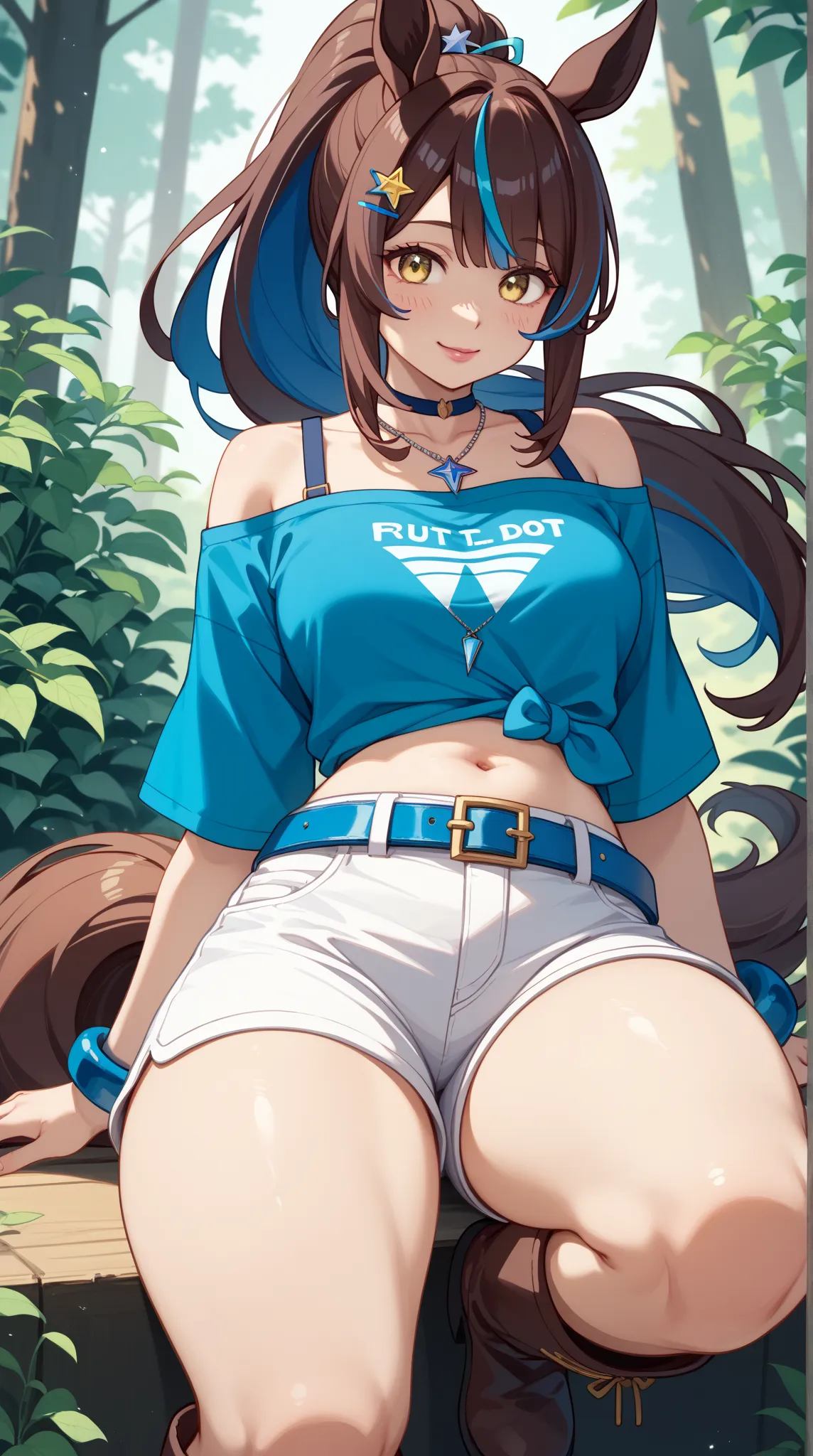 1 girl、Red dark brown hair、((blue streaked hair)), (blue highlights hair)、 star-shaped hairpin with bangs split to the right、 gal、 horse ears、((blue off-the-shoulder shirt))、(( White Hot Pants))、((white shorts))、square necklace、Fluorescent light blue ribbo...