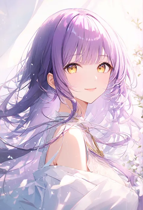 (( top quality)), (( masterpiece)),   1 girl,   white blank background , student, purple hair,golden eyes, Smile, 