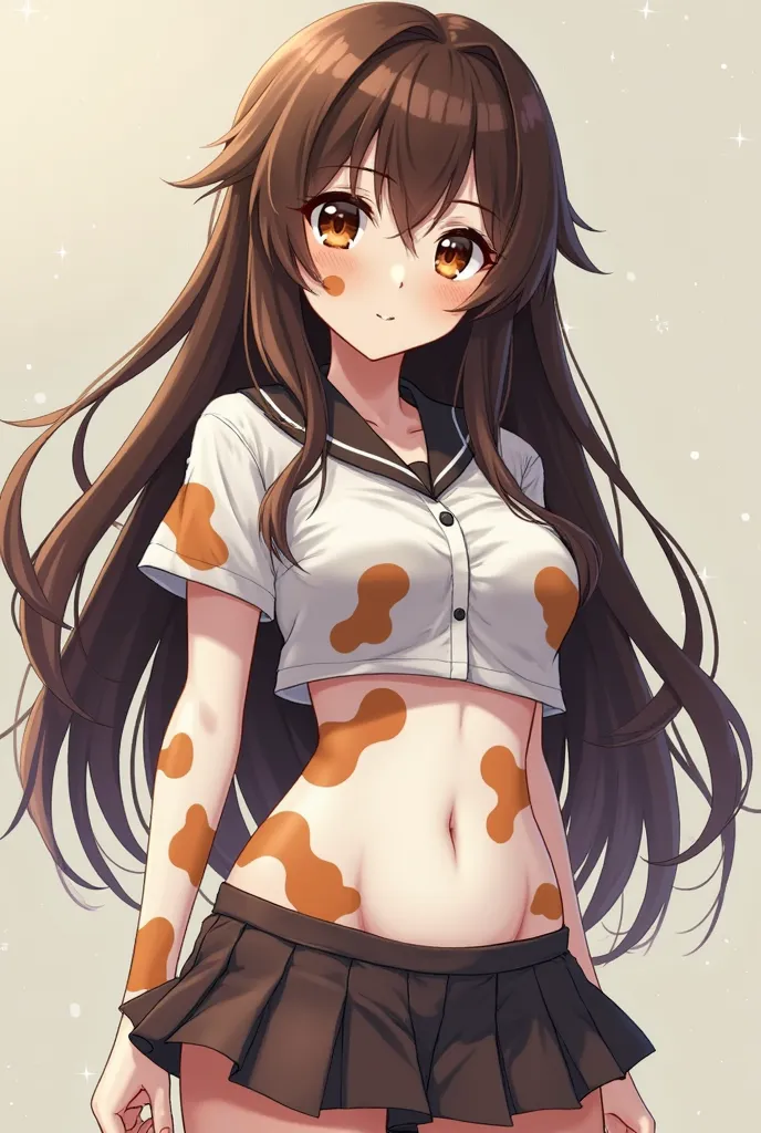 A  girl, whit vitiligo (white skin whit btown big stains atound all the body), brown long hair, brown eyes. L cup, round wide hips and a school unifotm. Anime style 