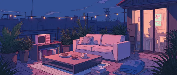 Rooftop at night、nighttime scene、outside of house、with no people、Calm and meditative atmosphere、houseplant、Lo-fi atmosphere、String Light、Cozy sofa、Pink radio with retro design、Hot coffee on the coffee table、Warm blanket、 books、There is an acoustic guitar、