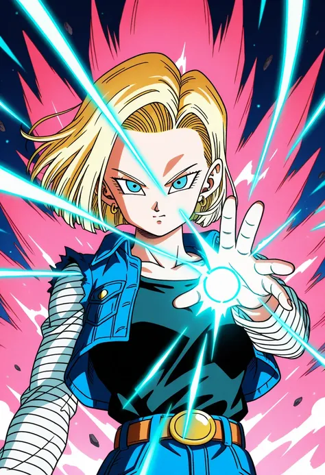 anime coloring, 1girl, android 18, dragon ball, toriyama akira, upper body, mountains, hand out, charging energy blast, glow, looking at viewer, anime screenshot, very awa, masterpiece, absurdres, best quality