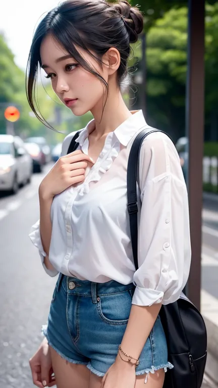 A young woman wearing a stylish blouse with ruffled placket and cuffs, paired with chic shorts. She carries a backpack slung over her shoulders, exuding a casual yet elegant vibe. The soft fabric of her shirt moves gently with her, adding a touch of grace ...