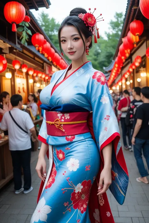 Beautiful Japanese girl, wearing Short Kimono, at festival, gigantic breasts 