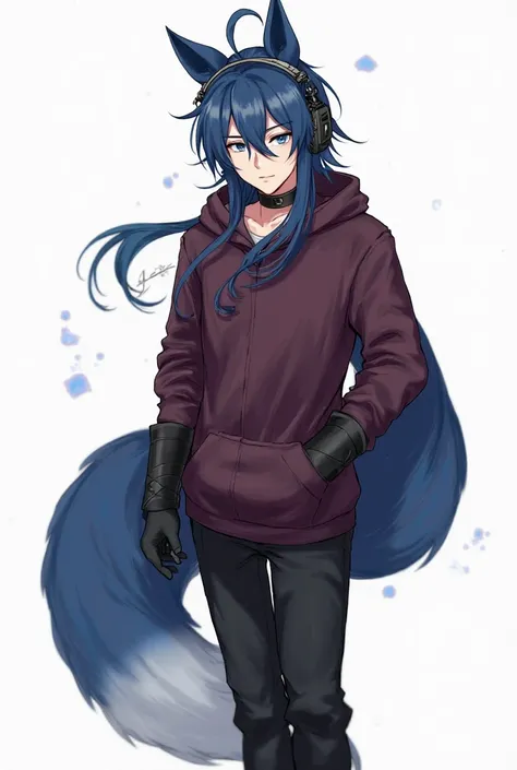 Handsome guy with a blue big tail,  stands on a white background , long black ears,  blue hair, dark burgundy hoodie,  black pants, black colors,  Neck Collar , black headphones on the head on the hands black gloves, serious facial curvature.