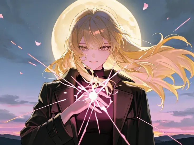 1girl,     Long-haired blonde    , long blond golden hair flutters in the wind,    brown eyes,  brown eyes  , The girl in a black and white coat, Holding a large purple-pink-gold light at her chest in front of face, glowing with fiery golden-purple and pin...