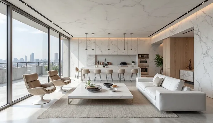 The **the ceiling in** white marble **Los Angeles** Allie  **white marble**, with **large windows** offrant Ae vue imprenable sur la skyline. The sol en **polished concrete**, floor of this loft has **natural wood** furnished with an **concrete** créent A ...