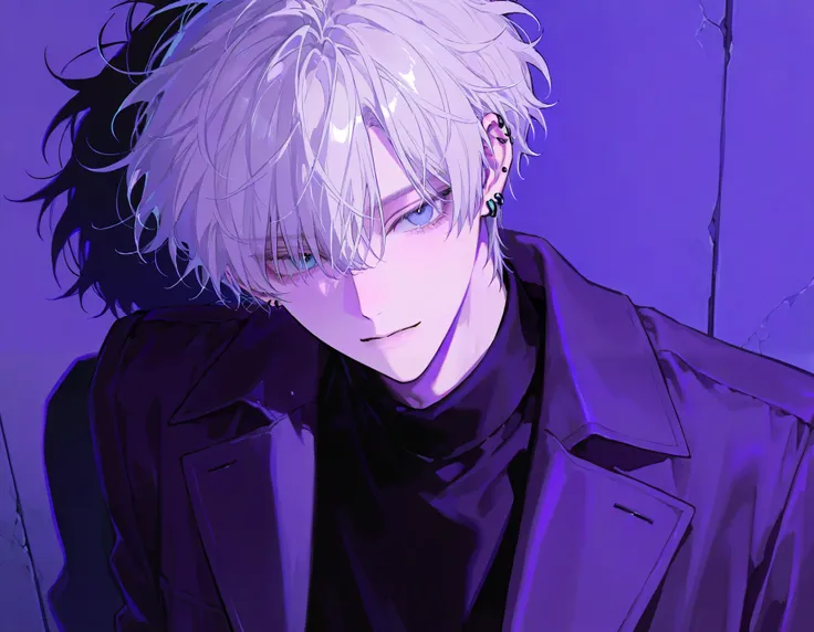 1 male, boy, nice face , short hair, Light Hair ,Messy Hair,Bangs, Blue Eyes , coat, upper body , Ear piercing,purple theme
