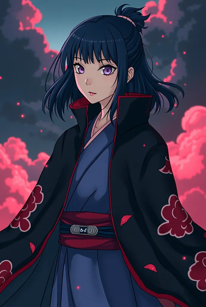 A highly detailed  illustration of Hinata Hyuga from Naruto, wearing Akatsuki robes. She has her signature lavender eyes and dark blue hair, styled in her classic look. The Akatsuki cloak is black with red clouds, flowing dramatically in the wind. The back...