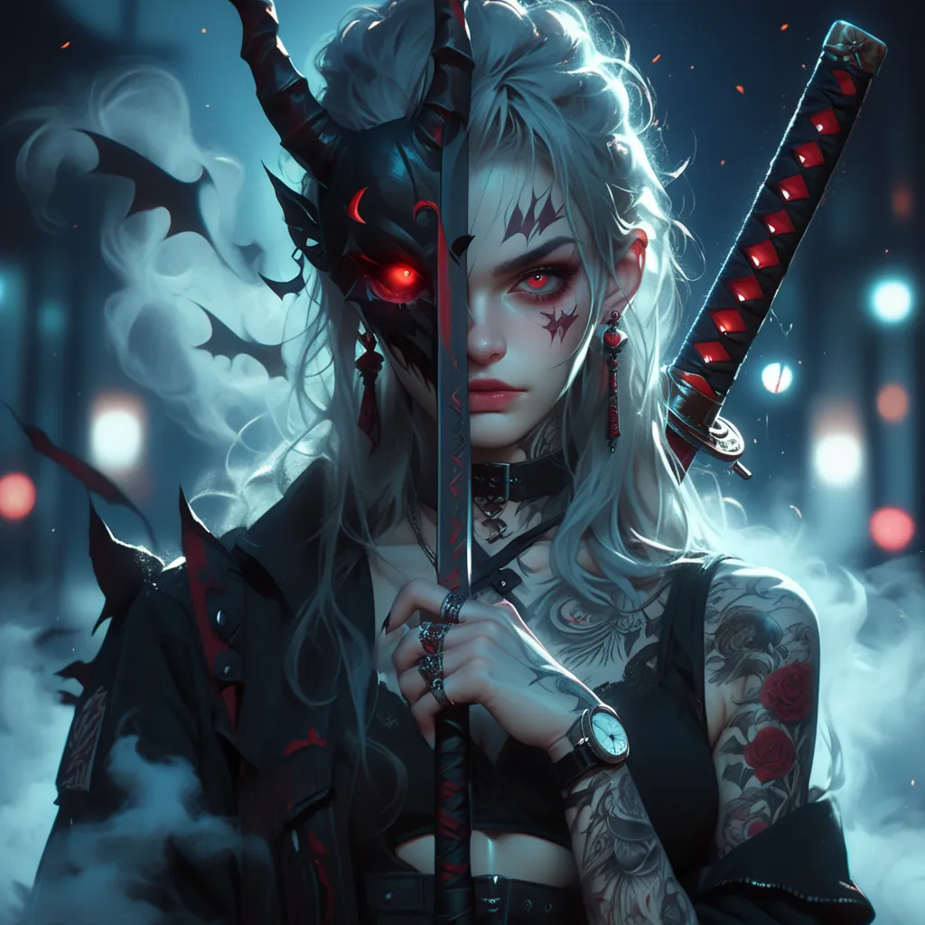 a woman with horns and tattoos wearing a devil head mask with two swords, weapon, jewelry, tattoo, arm tattoo, 1girl, sword, earrings, blurry, red eyes, blurry background, glowing, wristwatch, holding, watch, long hair, ring, glowing eyes, mask, horns, loo...