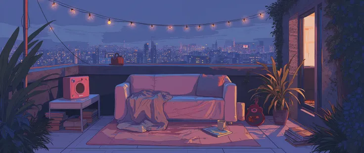 Rooftop at night、nighttime scene、outside of house、with no people、Calm and meditative atmosphere、houseplant、Lo-fi atmosphere、String Light、Cozy sofa、Pink radio with retro design、Hot coffee on the coffee table、Warm blanket、 books、There is an acoustic guitar、