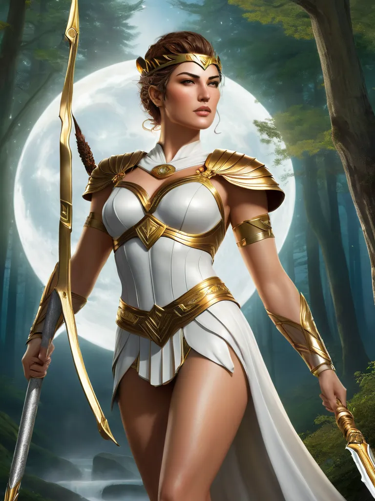 Artemis, Goddess of moon and hunting, Greek warrior, Short haircut, beautiful face, beautiful golden eyes, sexy, beautiful body, has a big Breasts,