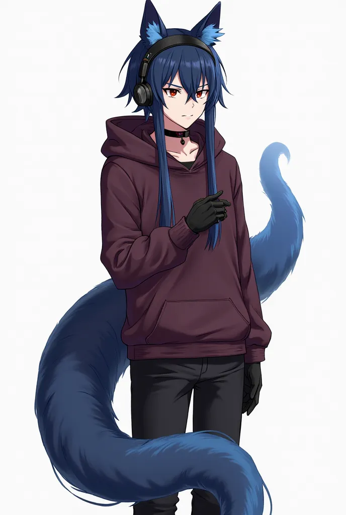 Handsome guy with a blue big tail,  stands on a white background , long black ears, Blue short hair, dark burgundy hoodie,  black pants, black colors,  Neck Collar , black headphones on the head on the hands black gloves, serious facial curvature.