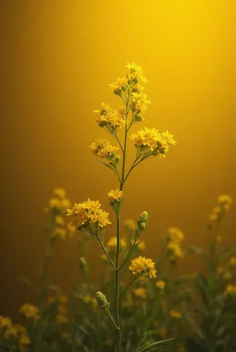 Create a Single mustard plant photo and its background should be little dim as dark yellow. 