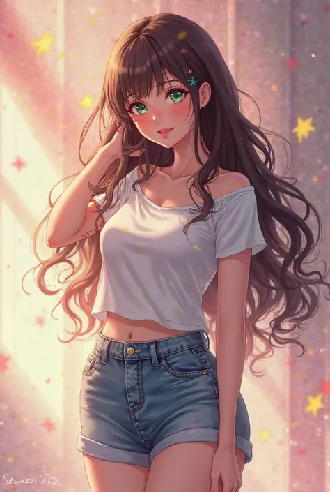 An anime-like character, with long wavy brown hair, with a denim shorts, a tight t-shirt with a D-cup bust,  green eyes 