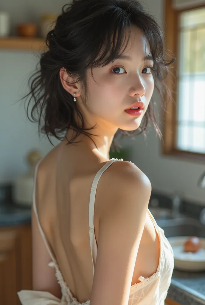 (8k, realistic: 1.2, RAW photo, Highest quality: 1.4),  beautiful girl who looks like a Japanese idol  ,1 person,1,hairstyle( shaggy hair ,High collar included、 Hair),She has small earrings in her ears,big, Transparent grey eyes,long lashes,plump cheeks,Co...