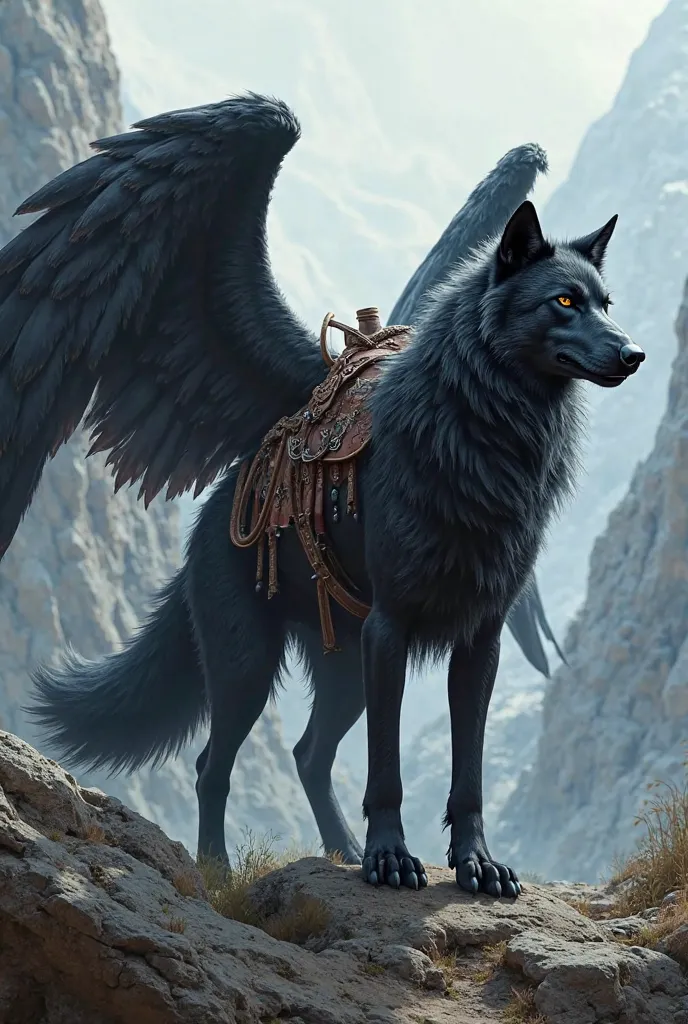 Put a saddle on the back of the black wolf with wings