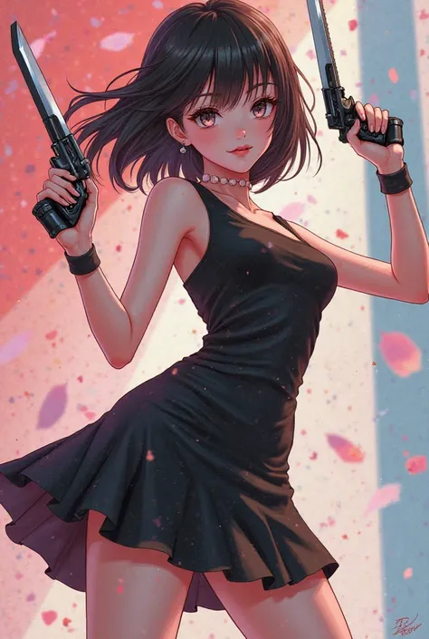 Cute  girl wearing a black sleeveless mini dress and wielding stilettos Japanese anime 