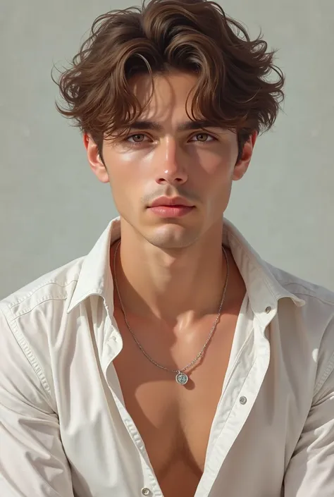 Male about , with clear and smooth skin,  without facial hair,  skin without beard or mustache. Big brown eyes and brown hair, wavy and rowdy . He is dressed in an unbuttoned white shirt.