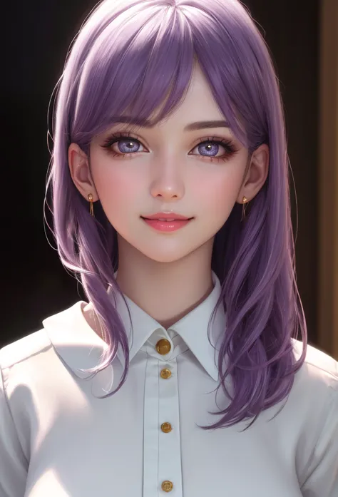 (( top quality)), (( masterpiece)),   1 girl,   white blank background , student, purple hair,golden eyes, Smile, 