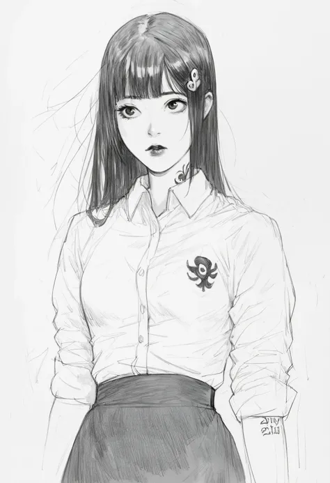 score_9, score_8_up, score_7_up, score_6_up, score_5_up, score_4_up, BREAKsketch, shinji_chibana_artstyle, traditional pencil style, pencil drawing, monochrome, detailed background, detailed background, Asian, white shirt, black skirt, rolled up sleeves, s...
