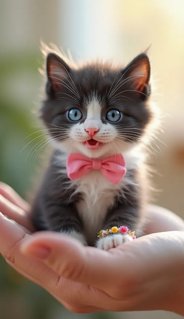 A hyper-realistic 4K image of an adorable black and white kitten with soft, fluffy fur, sitting gently in the palm of a human hand. The kitten has large, expressive blue eyes and a happy, playful expression with its mouth slightly open. It wears a cute pin...