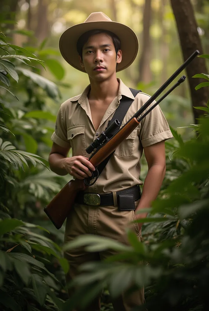 thai young man,handsome,wear wide brim hat,sharpen eyes,local safari suits,holding riffle,primeval forest,detailed portrait of a young thai man,handsome features,wearing a wide brim hat,piercing eyes,dressed in local safari style clothing,holding a rifle,s...