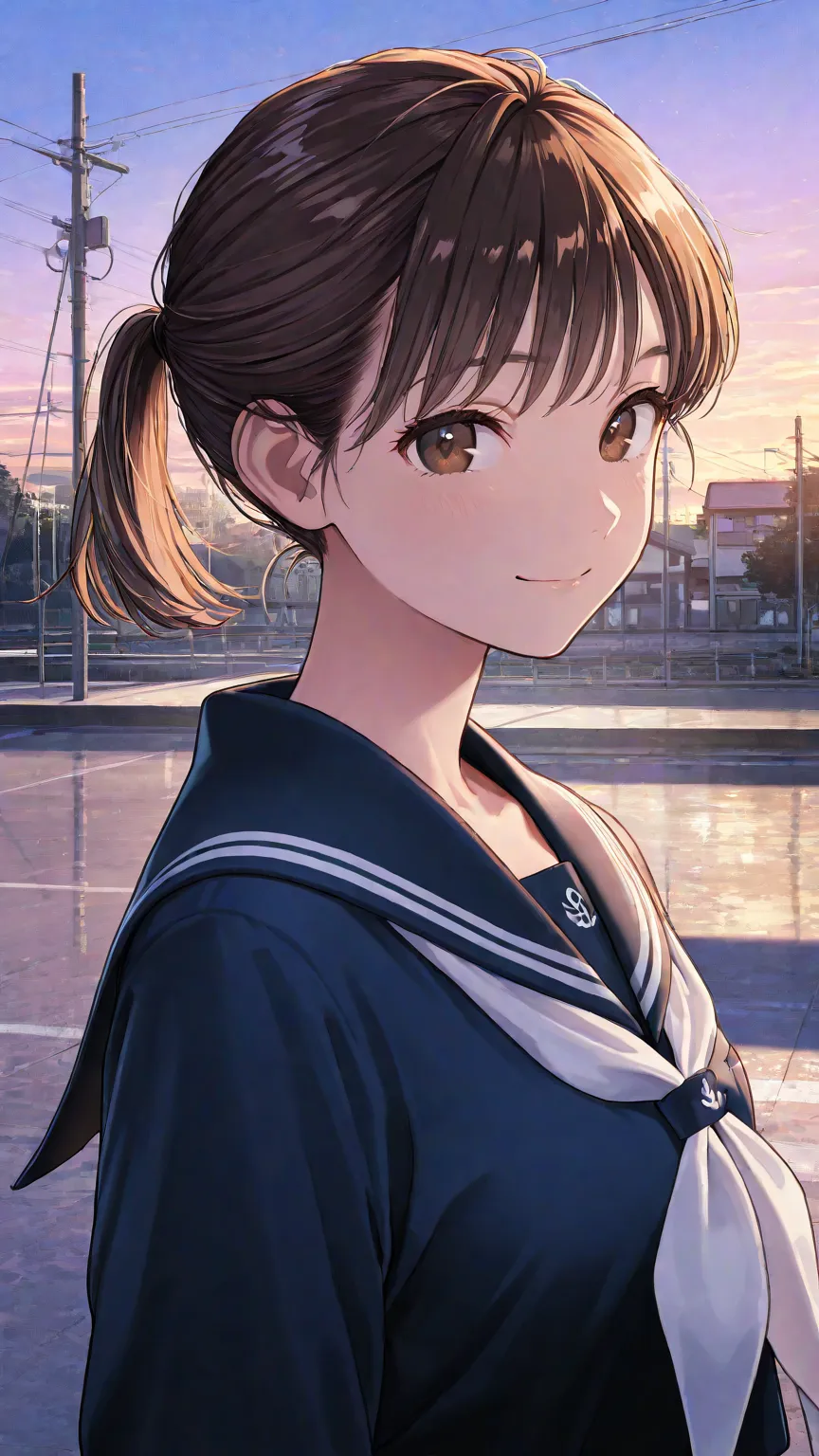 sailor suit,日本woman,Ponytail、masterpiece, Highest quality, high image quality, very aesthetic,    latest, scenery,very detailed,High Resolution,woman、brown hair,   short hair,brown eyes, 健康的な肌 1人のwoman用,shiny texture,simple background,evening,Shibuya, focu...