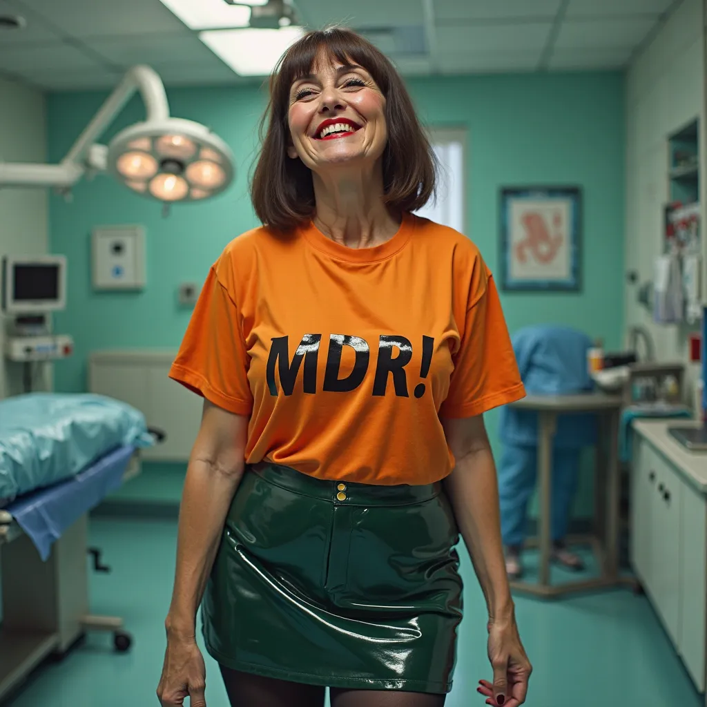 elderly woman doctor,
she wears a dark brown wig with a bob haircut with bangs,
standing walking in the hospital operating room,
She is Laughing Out Loud,
Her gaze is direct,
She is looking directly at the viewer,
blush on her cheeks, vibrant red lipstick,...