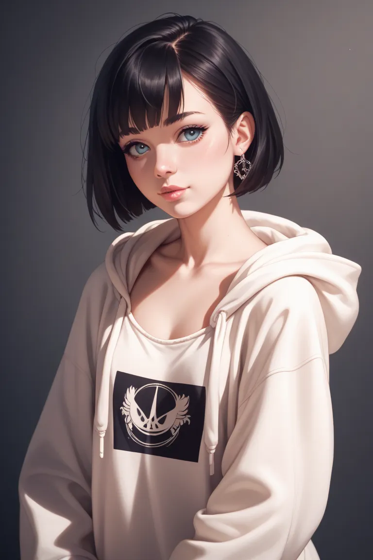  human girl、black hair bob hair、 oversized hoodie、white stitched hot pants、Chest size is C cup、