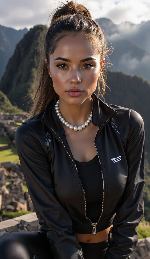 dynamic photoshoot of a BEAUTIFUL woman at Machu Picchu summit, (full-body dynamic poses),  elegant pearl necklace (Akoya pearls with platinum clasp perfectly hugging neckline), sporty-chic outfit: cropped black windbreaker (technical fabric with subtle re...