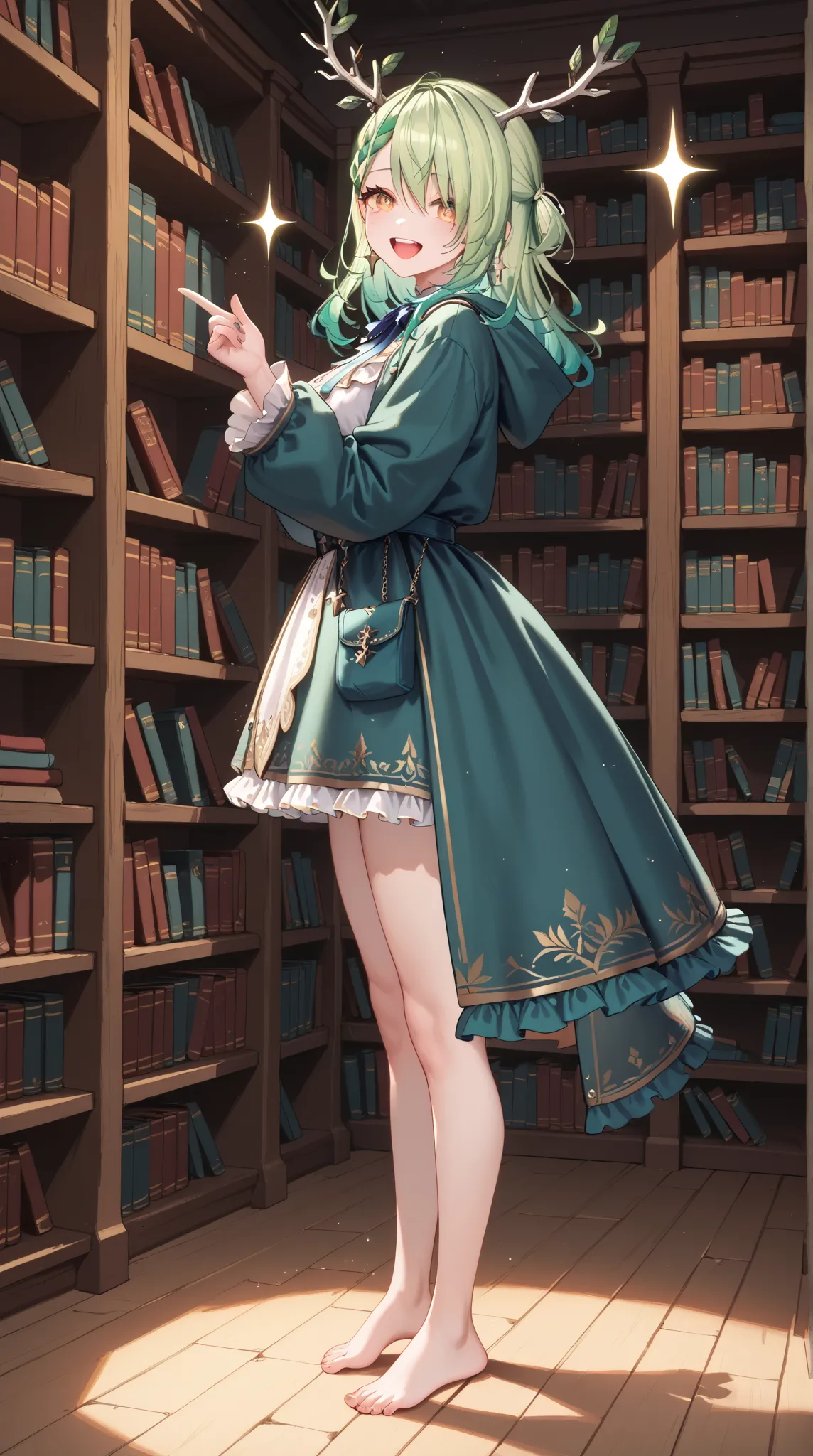 1 girl\(ceres fauna, antlers, amber eyes,  (sparkle eyes, expecting), happy, laugh, green hair), clothing\( duffle coat, frilled shirt), operation\( Bookshelf, bookstore, noon), , from side, full body, ((masterpiece)), ((Highest quality)), ((very detailed)...