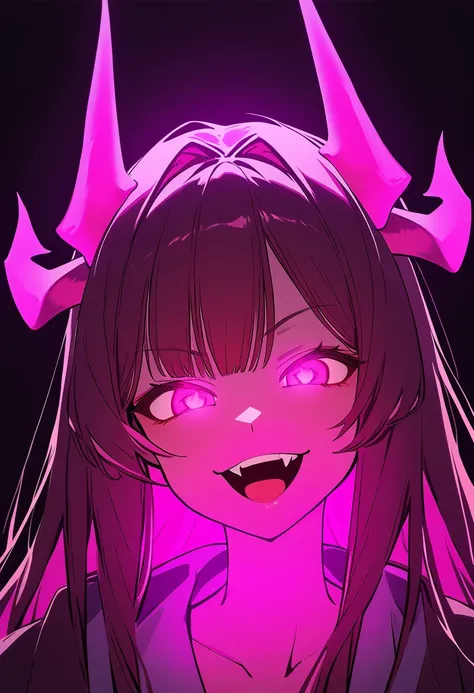 1girl, amagi_(amagi626), smirk, long hair, magenta hair, four horns, pink horns, glowing horns, neon pink glowing eyes, low illumination, medium quality, late, goo horns, fangs, spider fangs, open mouth