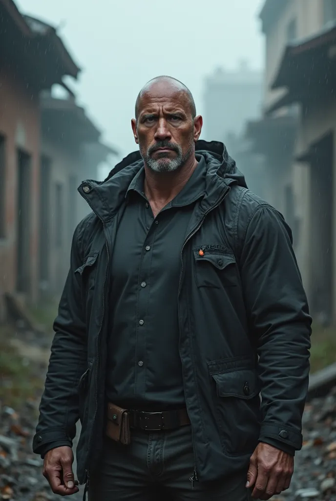 adult male look similar the rock with muscular body wearing black hiking jacket  , misty abandoned village background , dark , close up, look like mercenary , cold weather