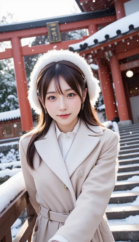 On a serene winter day, a young and beautiful Japanese woman gracefully descends a snow-covered stone staircase at a traditional Shinto shrine. Dressed in a stylish yet cozy winter outfit, she gently holds onto the wooden handrail for support as fresh snow...