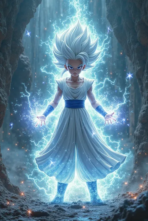 super saiyan girl, White hair, Aura all over the body, Sparks scattered all over the body, Release waves of energy from the palms of your hands, Body, High Quality, 3D
