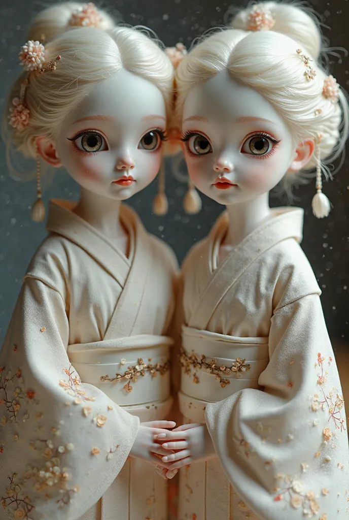 Two girl dolls that look like Sharaku。They are sisters。Soft Light