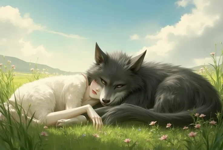 A sheep and a wolf laying together 