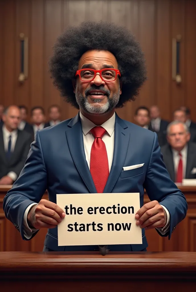 Chuck Shumer wearing blue suit with red tie and red reading glasses with big black fro standing behind a podium in the Senate holding a sign that reads the Erection starts now realistic 