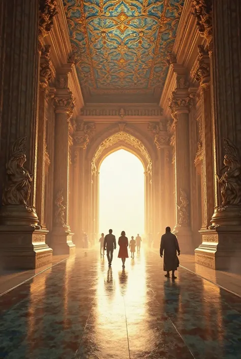 An ornate temple interior showcases a breathtaking architectural design. The scene is illuminated by soft, golden lighting that highlights intricate carvings and sculptures along the walls and pillars. In the center, a wide pathway leads towards a grand ar...